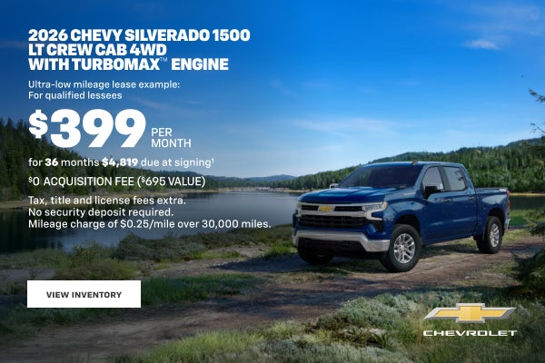 2026 Chevy Silverado 1500 LT Crew Cab 4WD with TurboMax Engine. Ultra-low mileage lease example: ...